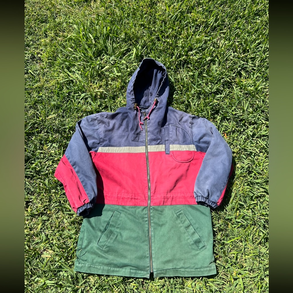 Vtg Andy Johns Color Block Hooded Denim Jacket Plaid Blanket Lining Size Small